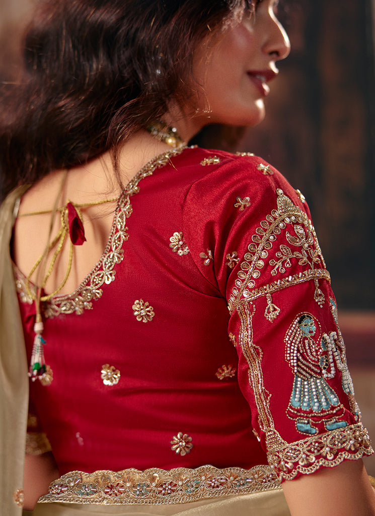 Buy Beige And Red Saree In USA