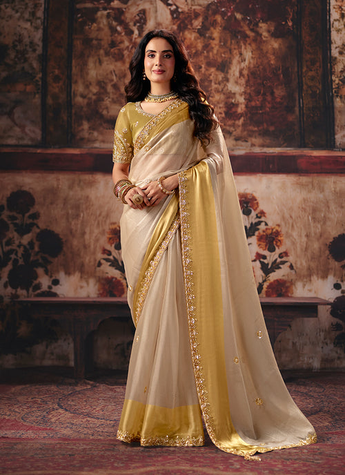 Ivory Yellow Reshamkari Embroidered Saree