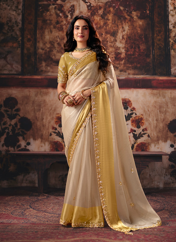 Ivory Yellow Reshamkari Embroidered Saree