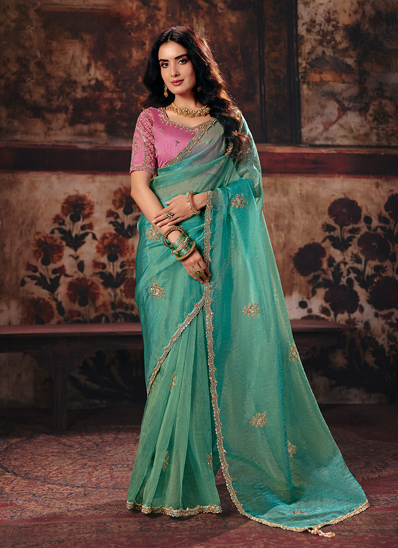 Sea Green And Pink Reshamkari Embroidered Saree