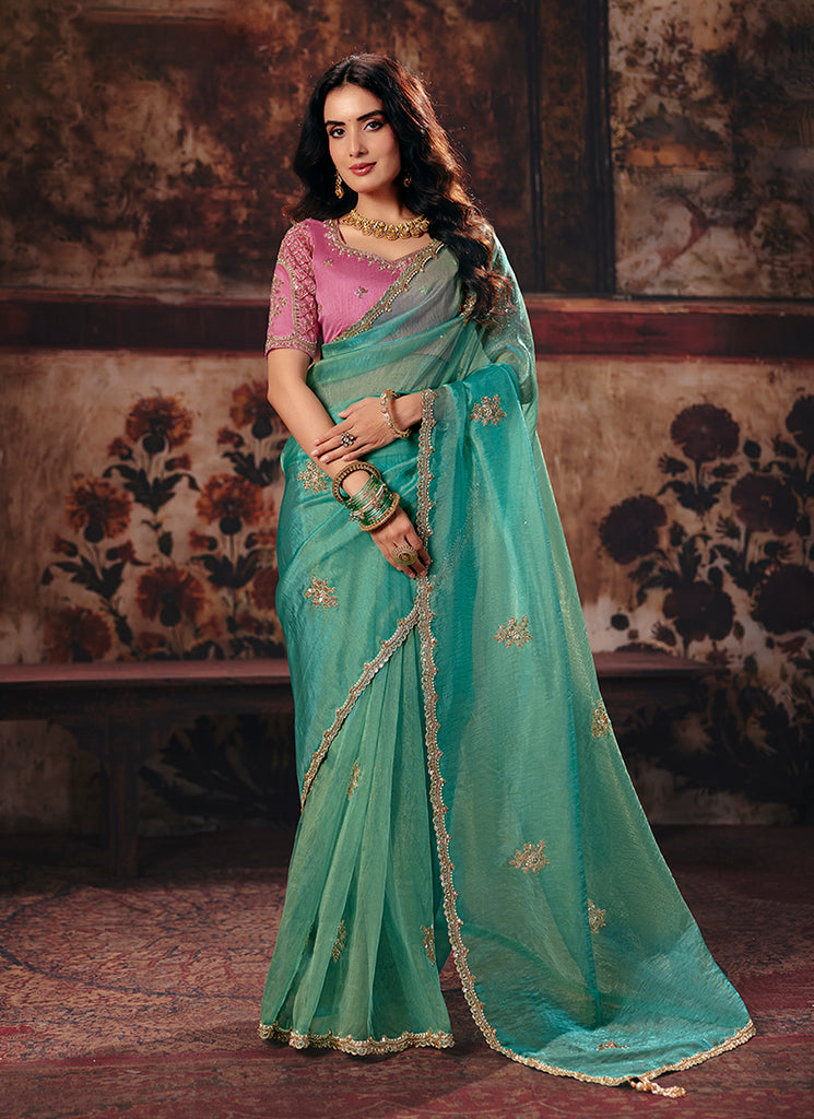 Sea Green And Pink Reshamkari Embroidered Saree