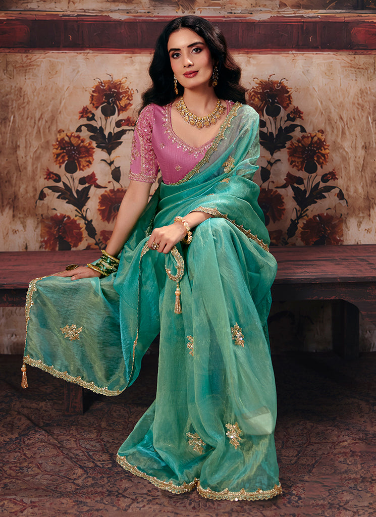 Shop Sea Green And Pink Engagagement Saree Online