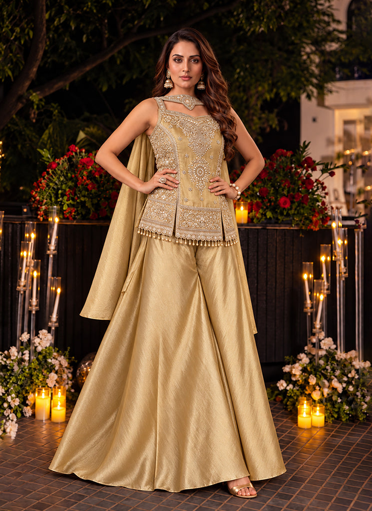 Beige Golden Kanjivaram Silk Embroidered Sharara Suit