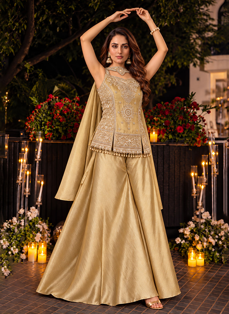 Shop Beige Golden Embroidered Sharara Suit in UAE