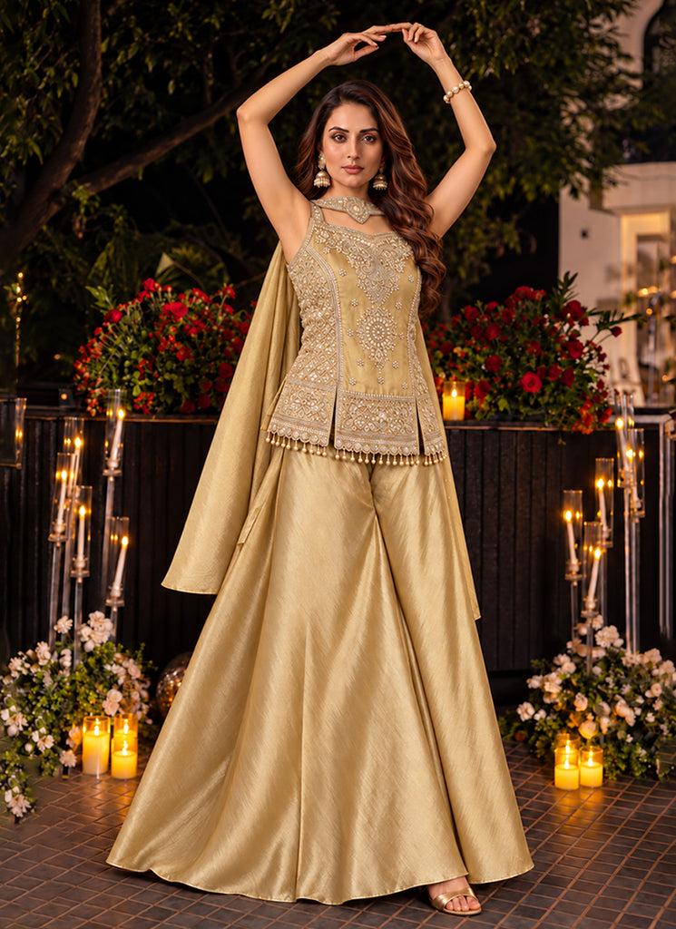 Shop Beige Golden Embroidered Sharara Suit in UAE