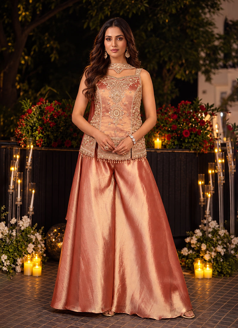 Soft Peach Kanjivaram Silk Embroidered Sharara Suit
