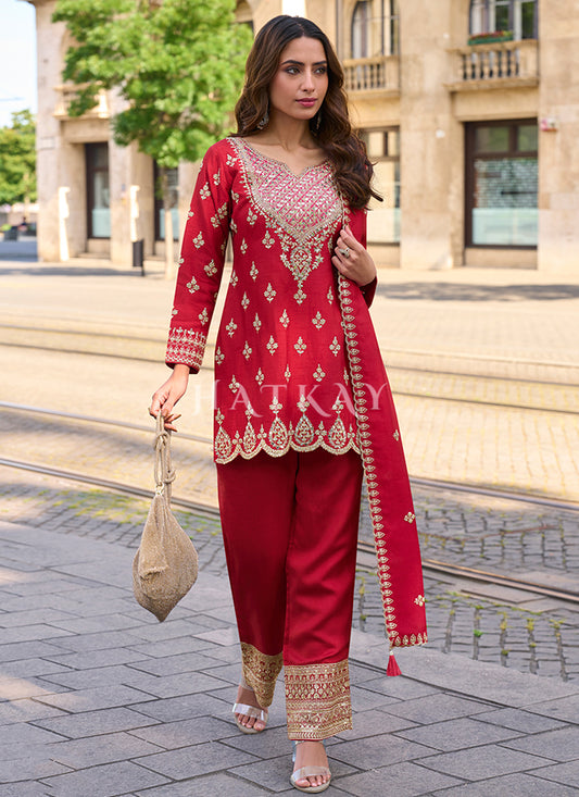 Red Mirror Work Palazzo Suit