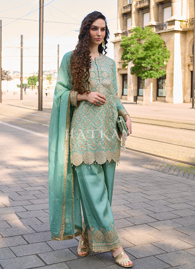Sea Green Mirror Work Palazzo Suit