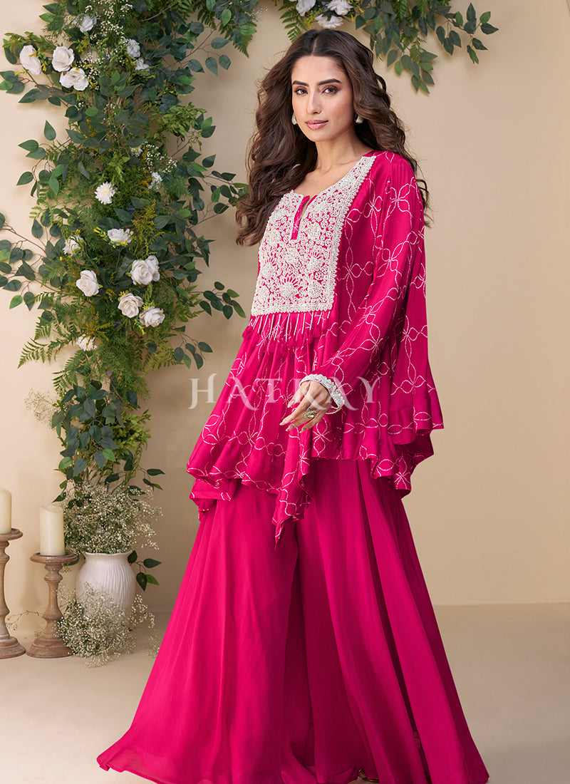 Rani Pink Embroidery Poncho Style Palazzo Suit