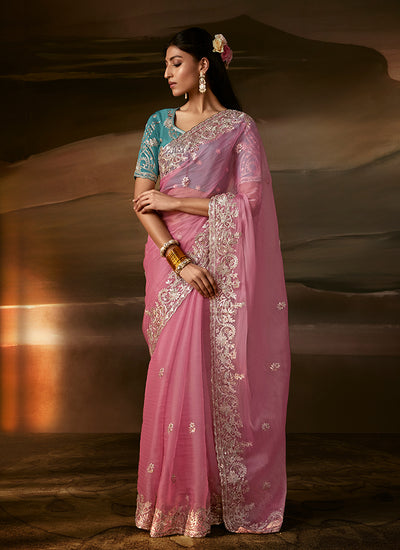 Pink And Blue Embroidered Organza Silk Saree