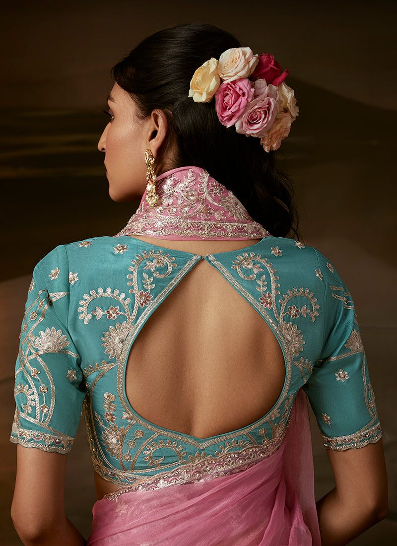 Buy Pink Organza Silk Sari In USA