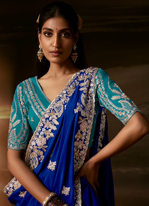Buy Royal Blue Traditional Organza Silk Saree Online