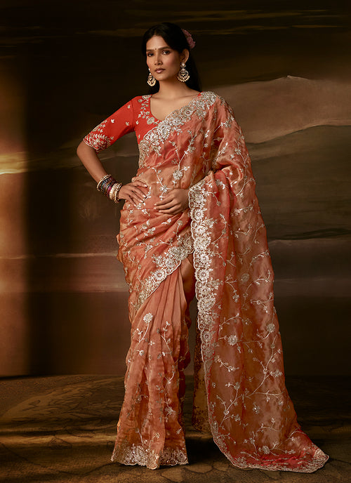 Coral And Red Embroidered Organza Silk Saree