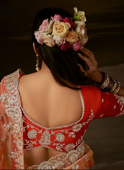 Buy Coral Organza Silk Saree For Festival
