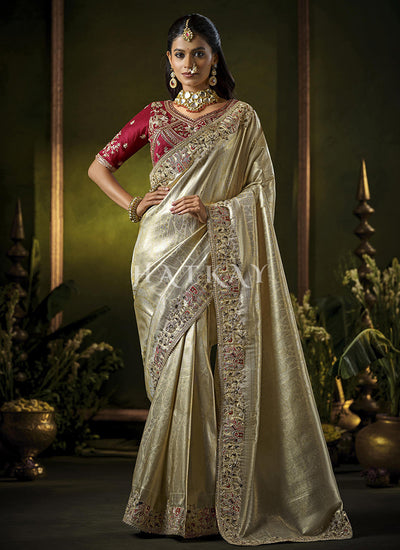 Champagne Gold Wedding Saree And Maroon Blouse