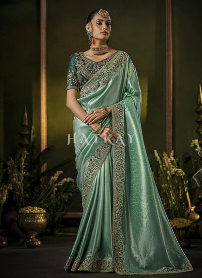 Sea Green Wedding Saree And Maroon Blouse