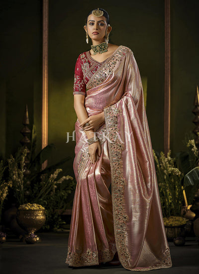 Rose Pink Wedding Saree And Maroon Blouse