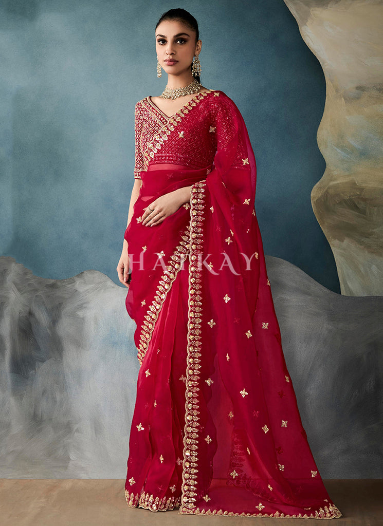Red Handwork Designer Saree