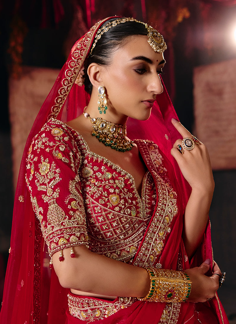 Shop Red Traditional Silk Bridal Lehenga In UK