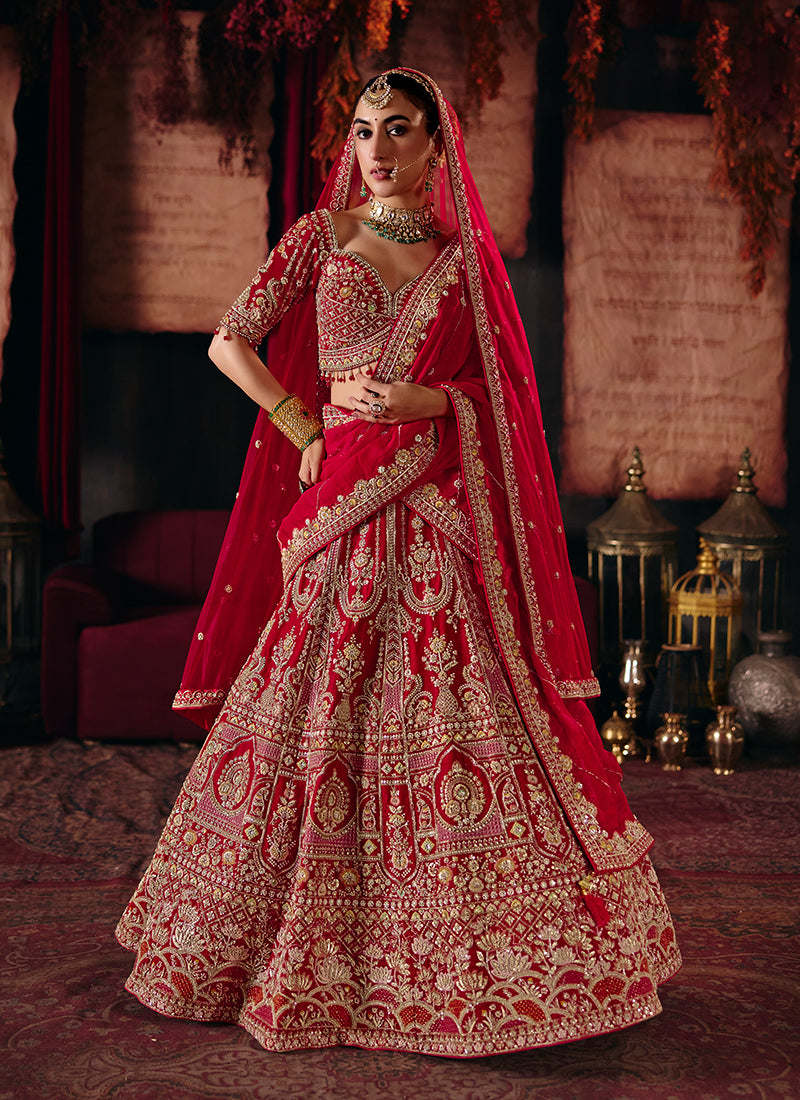 Red Traditional Embroidered Silk Bridal Lehenga