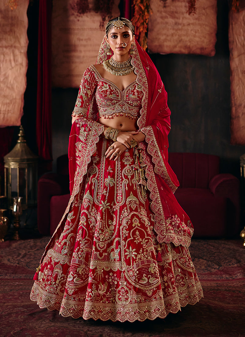 Bridal Red Embroidered Silk Lehenga Choli And Dupatta