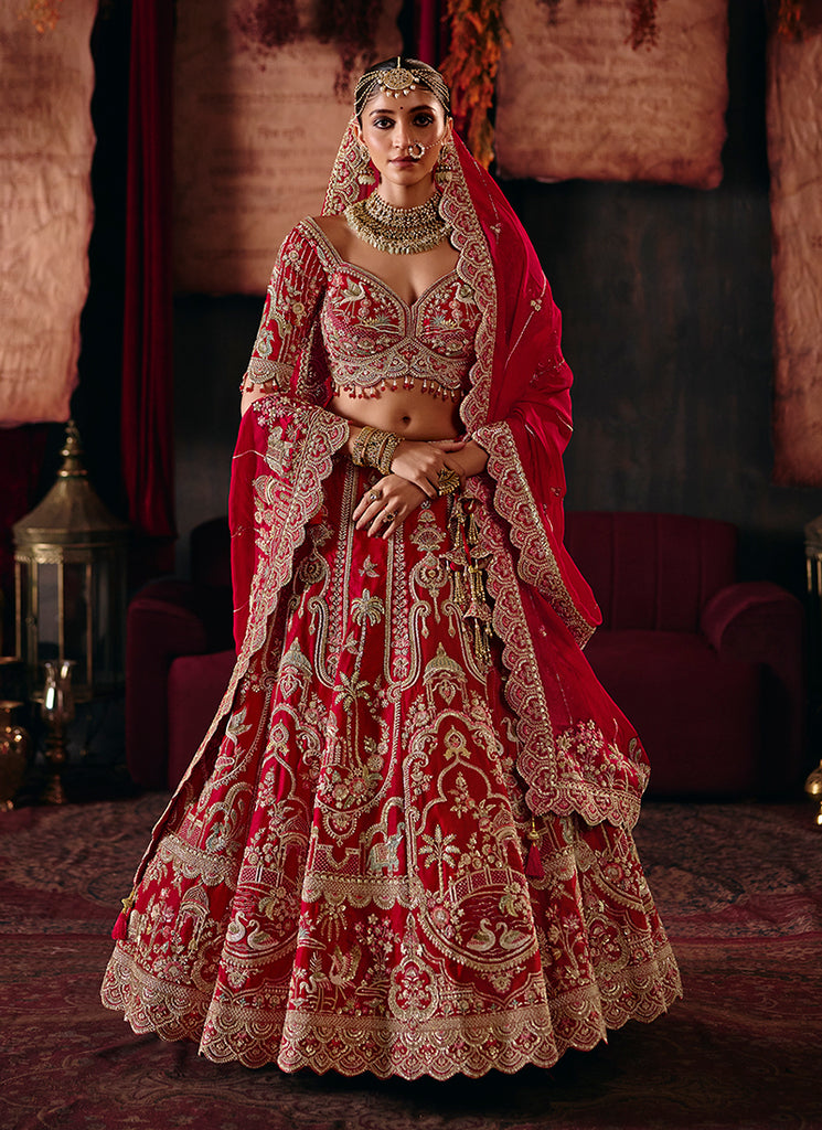 Bridal Red Embroidered Silk Lehenga Choli And Dupatta