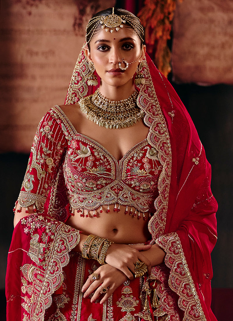 Buy Bridal Red Silk Lehenga Choli Online  At Hatkay