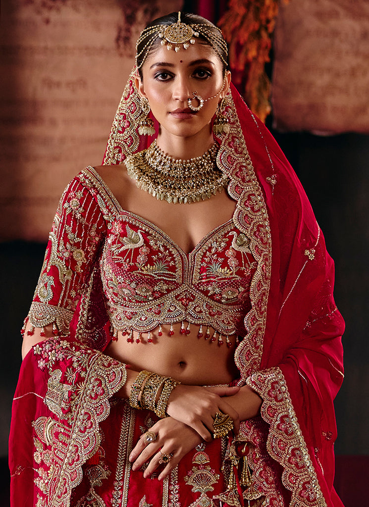 Buy Bridal Red Silk Lehenga Choli Online  At Hatkay