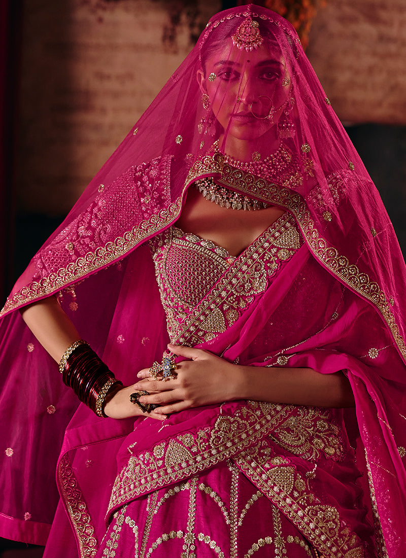 Buy Hot Pink Embroidered Silk Lehenga In Canada