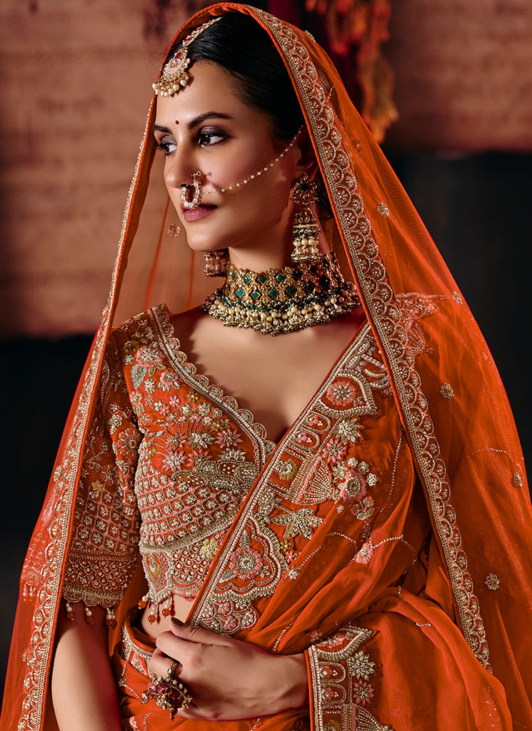 Rust Orange Embroidered Silk Lehenga Choli And Dupatta