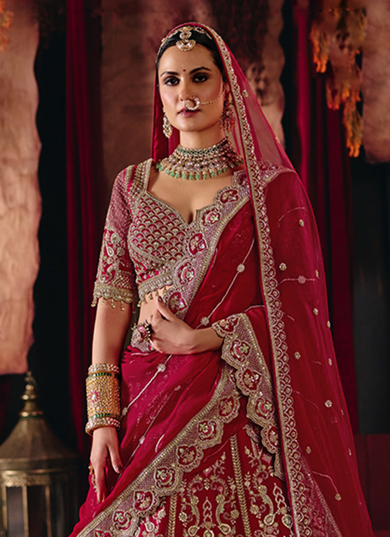 Buy Ruby Red Embroidered Silk Lehenga Choli In USA