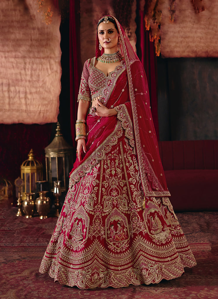 Ruby Red Embroidered Silk Lehenga Choli And Dupatta 