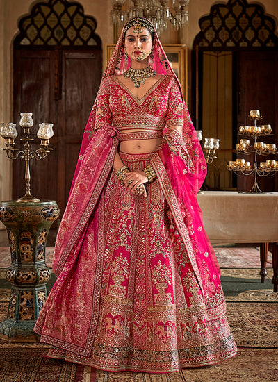 Bright Pink Multi Embroidery Bridal Lehenga Choli