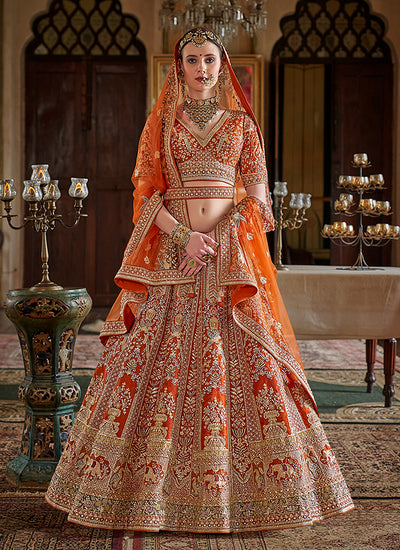 Orange Multi Embroidery Bridal Lehenga Choli