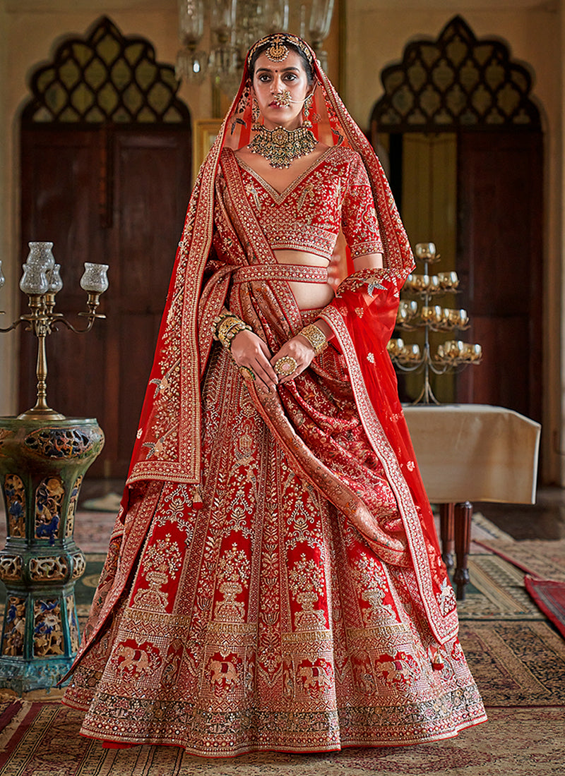 Crimson Red Multi Embroidery Bridal Lehenga Choli