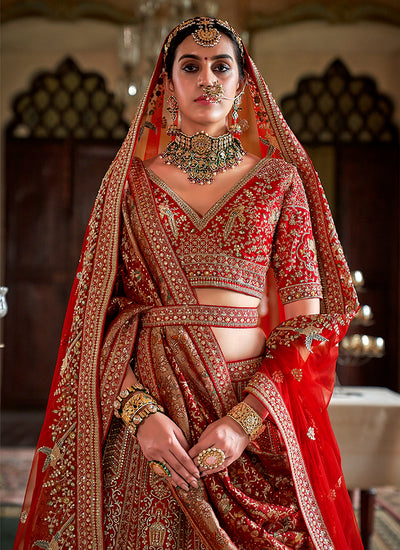 Crimson Red Multi Embroidery Bridal Lehenga Choli