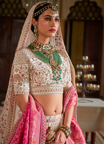 Cream And Pink Multi Embroidery Bridal Lehenga Choli