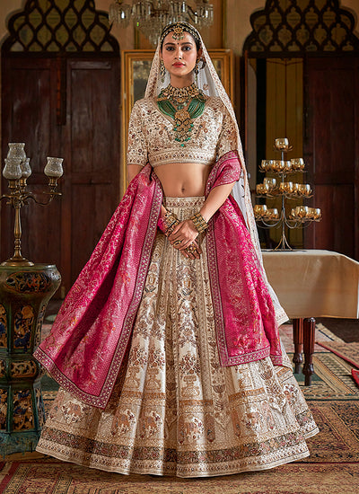 Cream And Pink Multi Embroidery Bridal Lehenga Choli