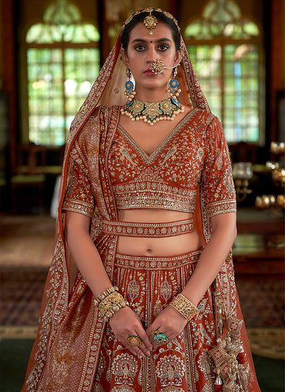 Bridal Orange Multi Embroidery Bridal Lehenga Choli