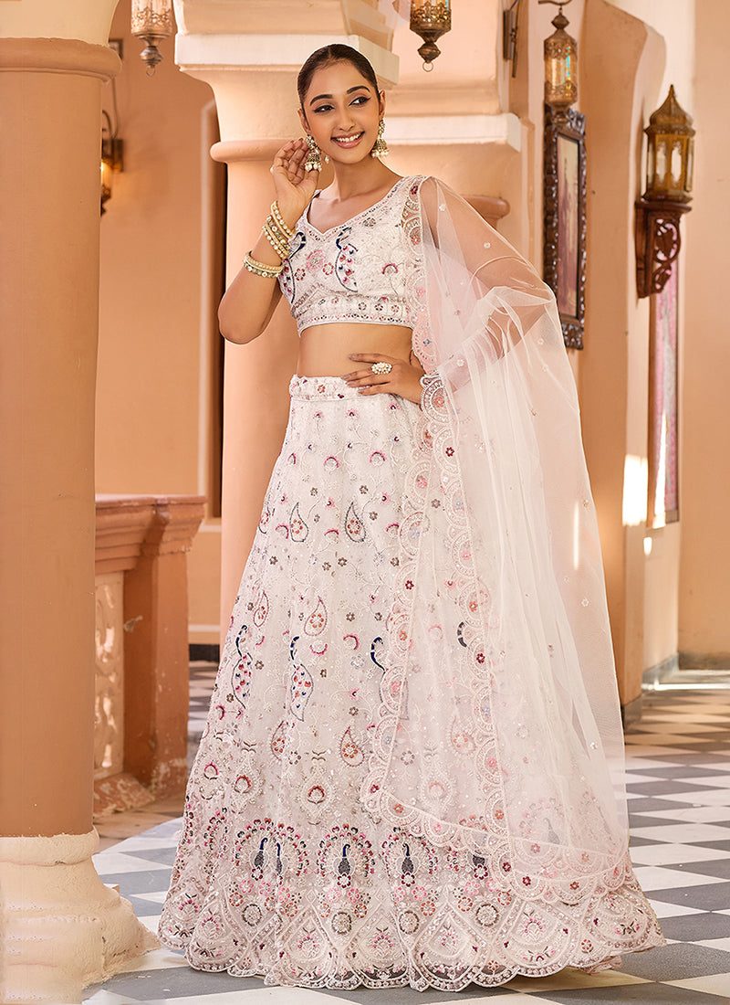Pearl White Multi Embroidery Bridal Lehenga Choli