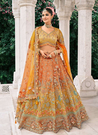 Orange And Yellow Embroidery Bridal Lehenga Choli
