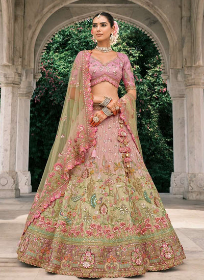 Pink And Green Embroidery Bridal Lehenga Choli 