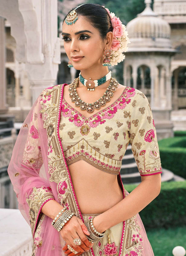 Beige And Pink Multi Embroidery Bridal Lehenga Choli