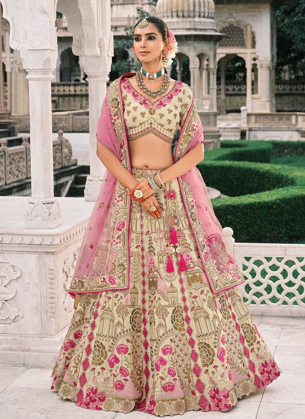 Beige And Pink Multi Embroidery Bridal Lehenga Choli