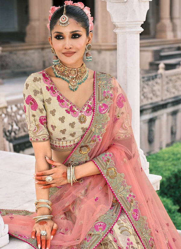 Beige And Peach Multi Embroidery Bridal Lehenga Choli