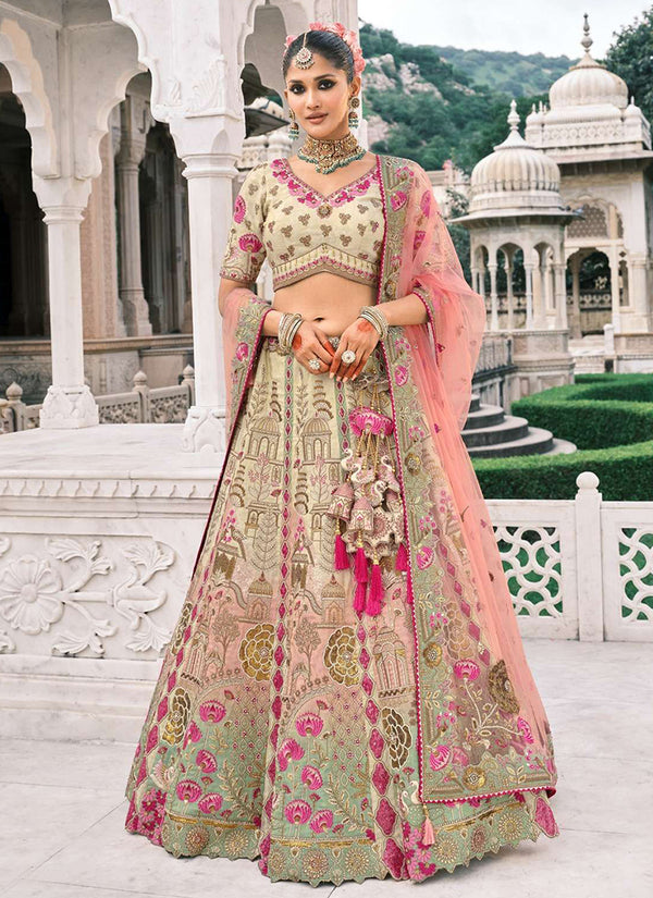 Beige And Peach Multi Embroidery Bridal Lehenga Choli
