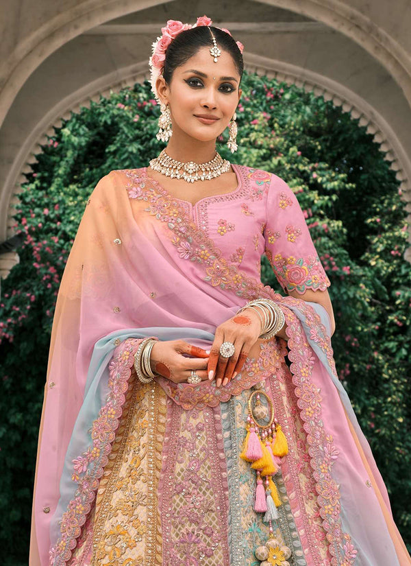 Pink Multicolored Embroidery Bridal Lehenga Choli