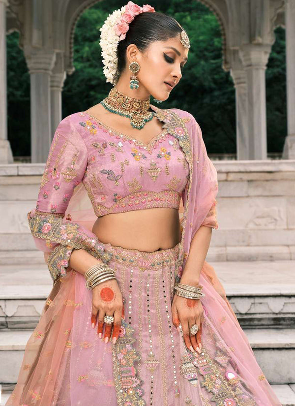 Pink Teal Ombré Multi Embroidery Bridal Lehenga Choli