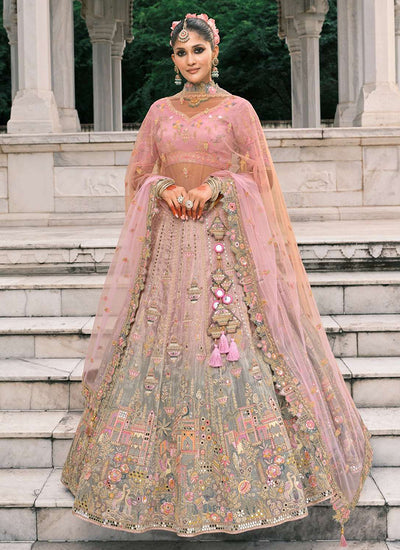 Pink Teal Ombré Multi Embroidery Bridal Lehenga Choli