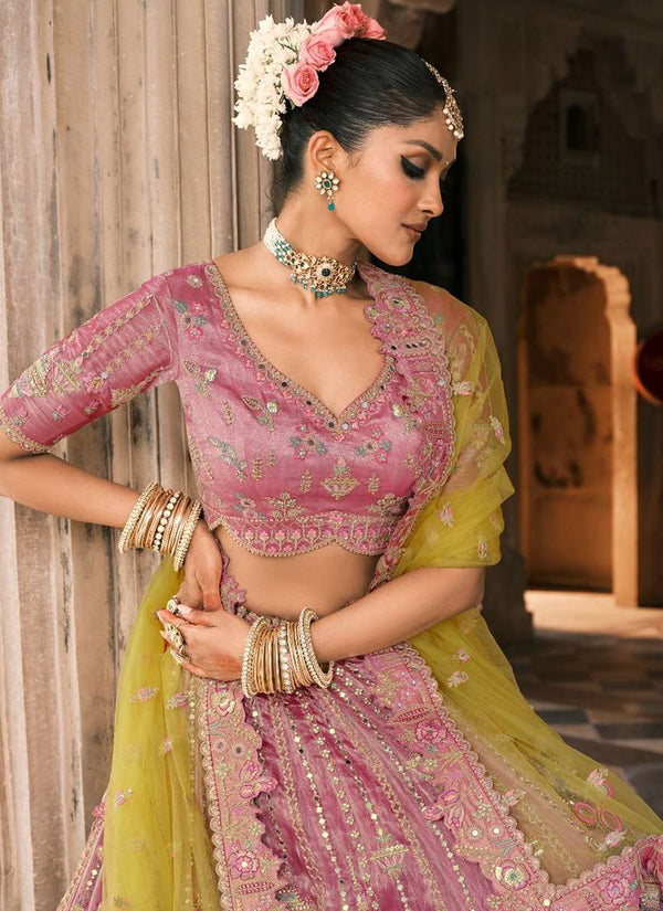 Mauve Purple And Yellow Multi Embroidery Bridal Lehenga Choli